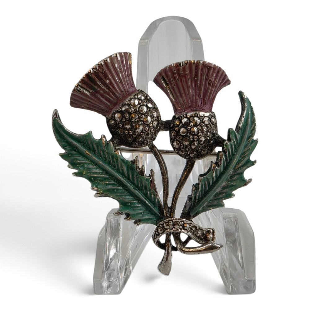Vintage Scottish Thistle Brooch Rhinestone Enamel Silver Tone Flower Pin